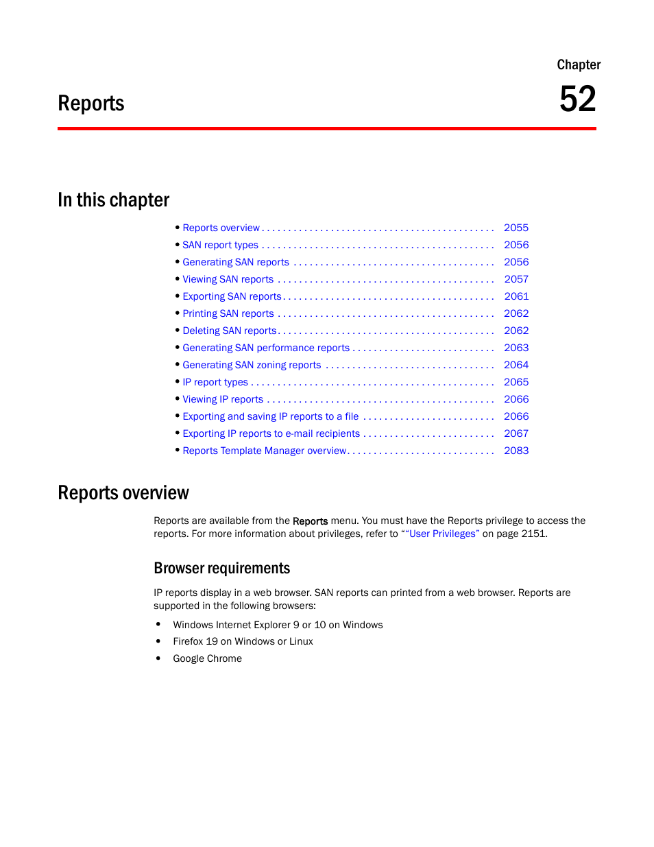 Reports, Reports overview, Chapter 52 | Chapter 52, “reports, Browser requirements | Brocade Network Advisor SAN + IP User Manual v12.3.0 User Manual | Page 2127 / 2702