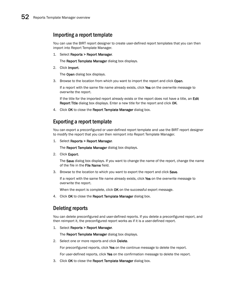 Importing a report template, Exporting a report template, Deleting reports | Brocade Network Advisor SAN + IP User Manual v12.3.0 User Manual | Page 2158 / 2702
