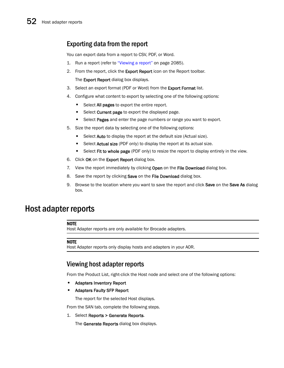 Exporting data from the report, Host adapter reports, Viewing host adapter reports | Brocade Network Advisor SAN + IP User Manual v12.3.0 User Manual | Page 2168 / 2702