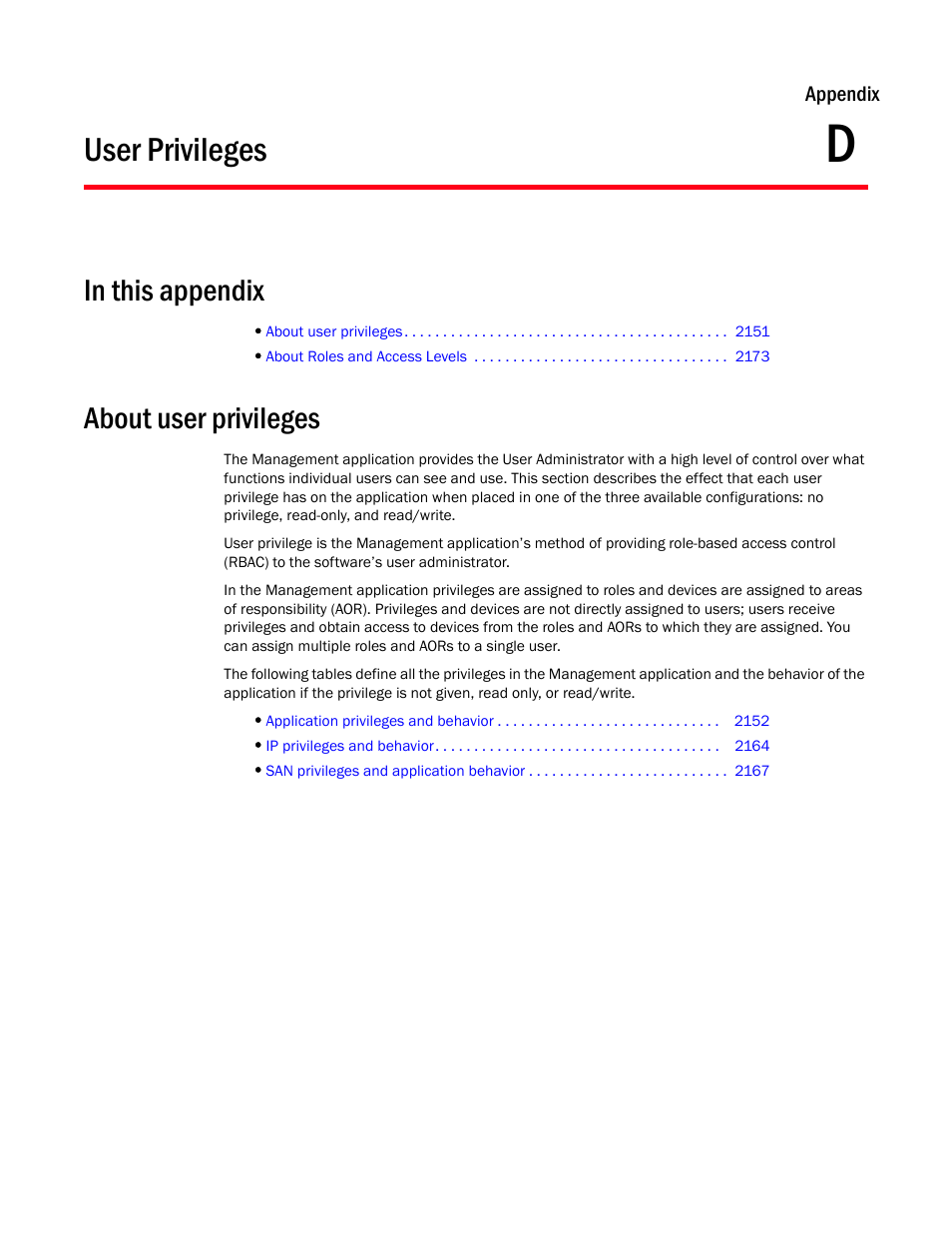 User privileges, About user privileges, Appendix d | Appendix d, “user privileges, About user, Privileges, User | Brocade Network Advisor SAN + IP User Manual v12.3.0 User Manual | Page 2223 / 2702