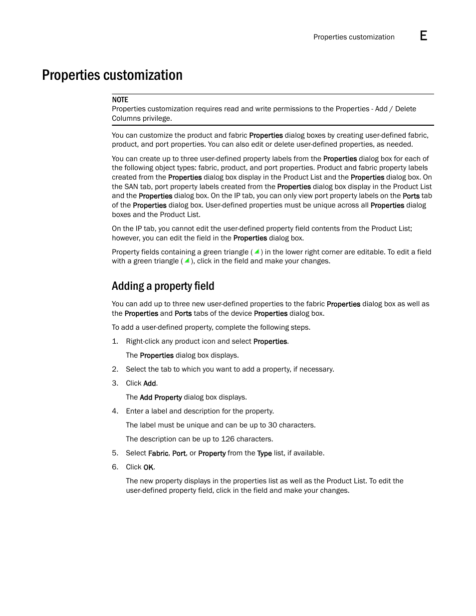 Properties customization, Properties customization 1, Adding a property field | Adding a, Property field | Brocade Network Advisor SAN + IP User Manual v12.3.0 User Manual | Page 2283 / 2702