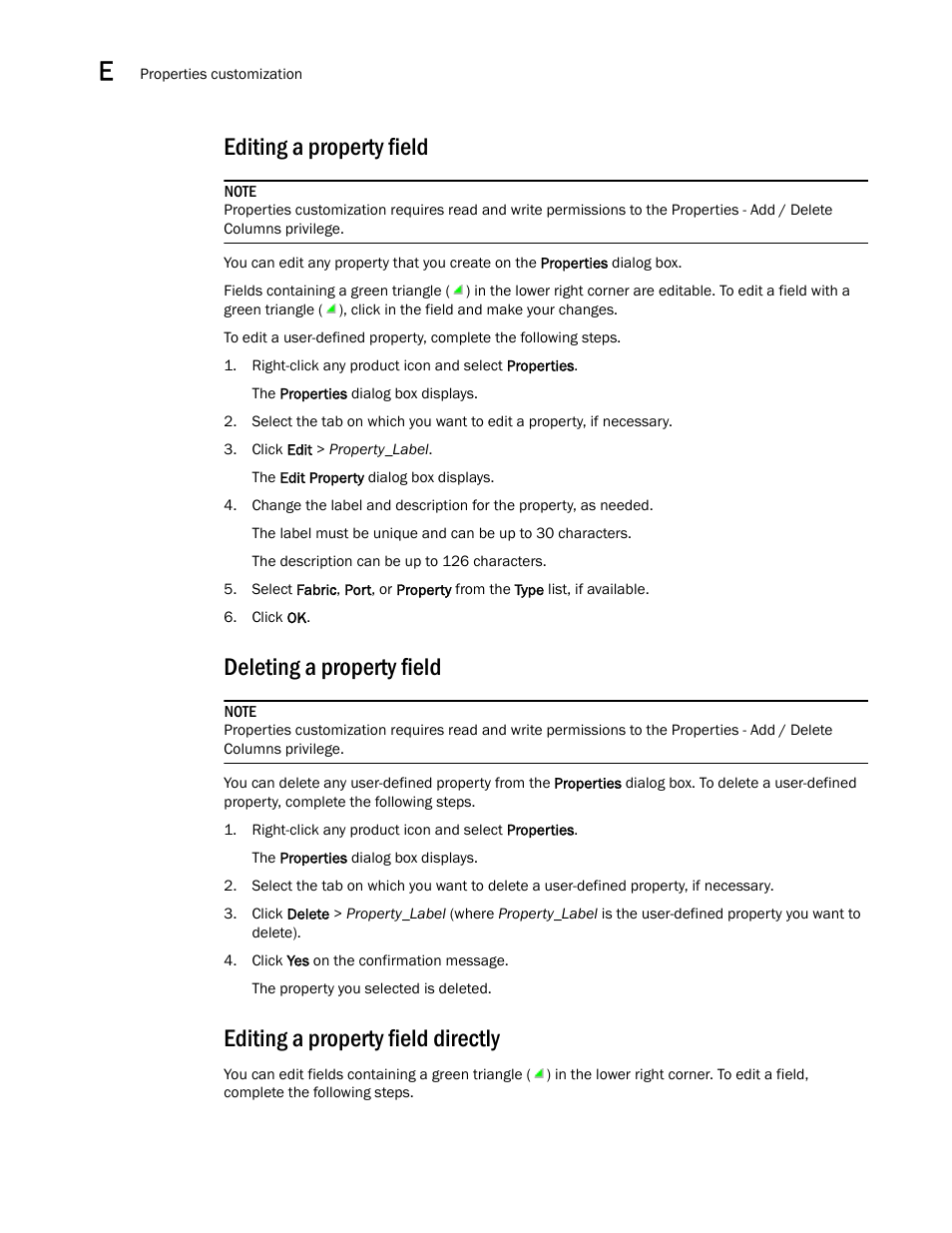 Deleting a property field, Editing a property field directly, Editing a | Property field, Deleting, A property field, Editing a property field | Brocade Network Advisor SAN + IP User Manual v12.3.0 User Manual | Page 2284 / 2702