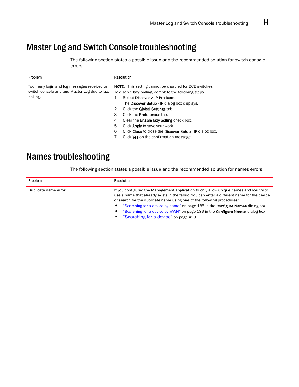 Master log and switch console troubleshooting, Names troubleshooting, Master log and switch console troubleshooting 7 | Names troubleshooting 7 | Brocade Network Advisor SAN + IP User Manual v12.3.0 User Manual | Page 2319 / 2702