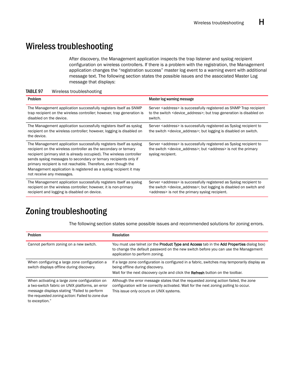 Wireless troubleshooting, Zoning troubleshooting, Wireless troubleshooting 7 | Zoning troubleshooting 7 | Brocade Network Advisor SAN + IP User Manual v12.3.0 User Manual | Page 2329 / 2702