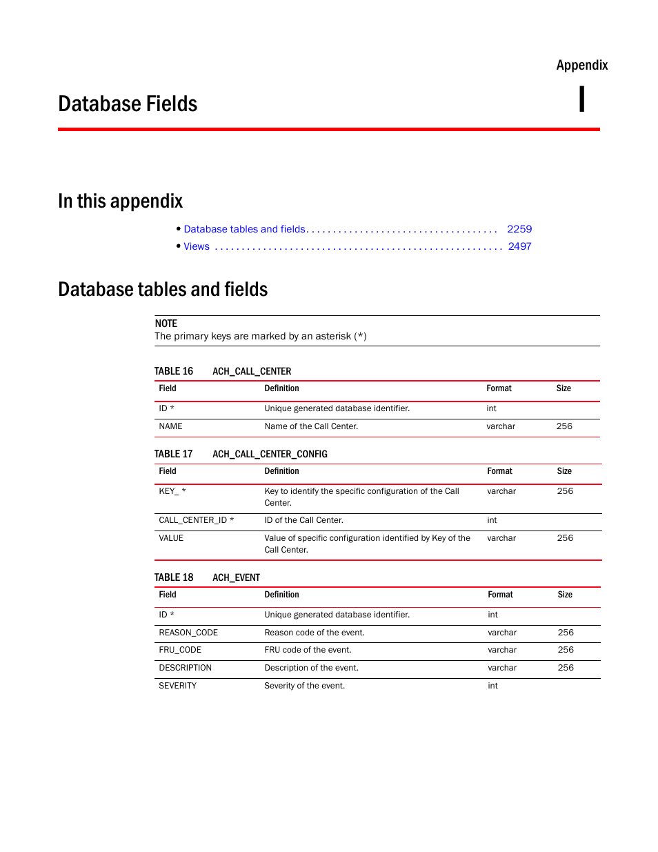 Database fields, Database tables and fields, Appendix i | Appendix | Brocade Network Advisor SAN + IP User Manual v12.3.0 User Manual | Page 2331 / 2702