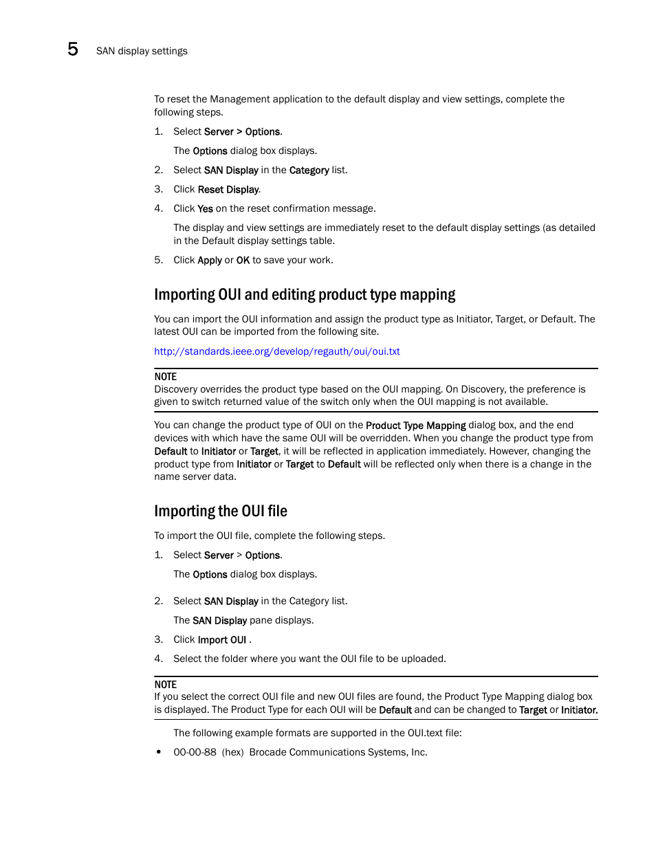 Importing oui and editing product type mapping, Importing the oui file | Brocade Network Advisor SAN + IP User Manual v12.3.0 User Manual | Page 240 / 2702