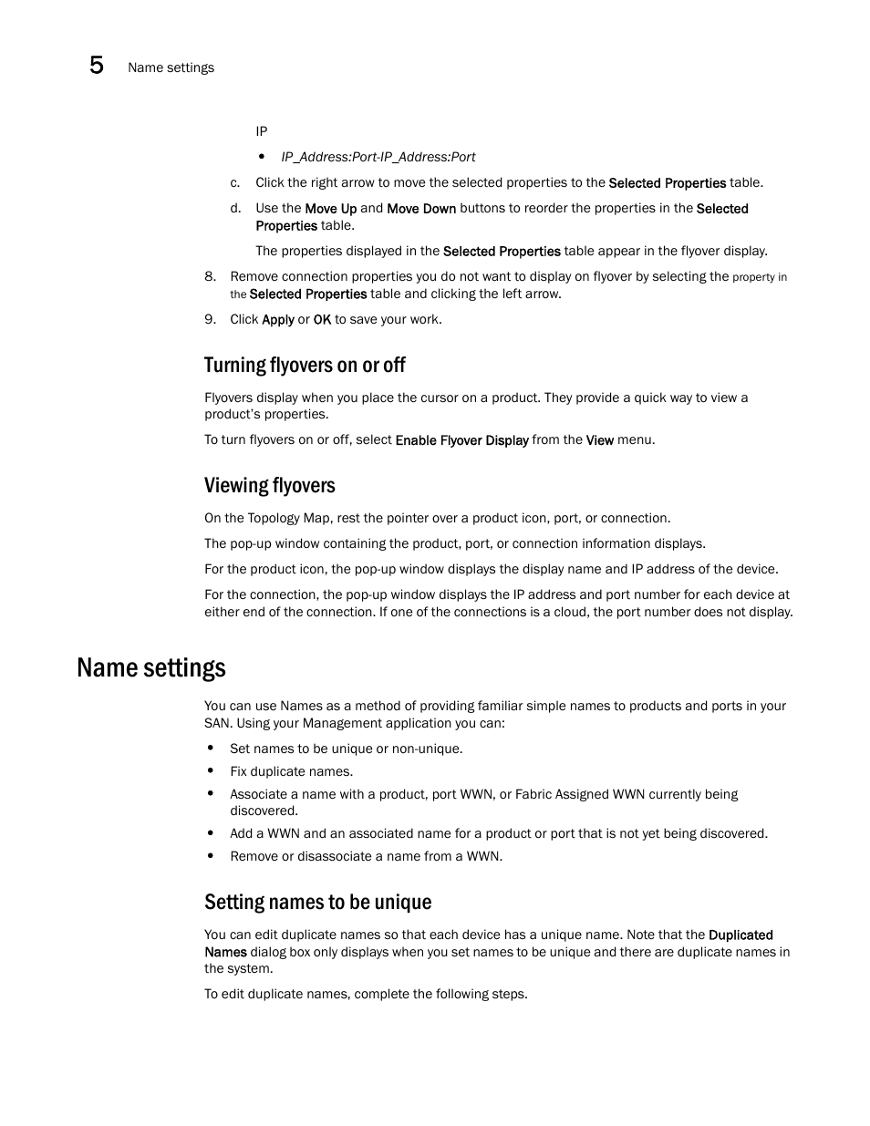 Turning flyovers on or off, Viewing flyovers, Name settings | Setting names to be unique | Brocade Network Advisor SAN + IP User Manual v12.3.0 User Manual | Page 248 / 2702