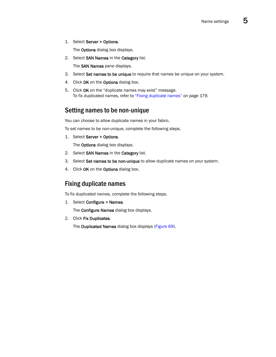 Setting names to be non-unique, Fixing duplicate names | Brocade Network Advisor SAN + IP User Manual v12.3.0 User Manual | Page 249 / 2702