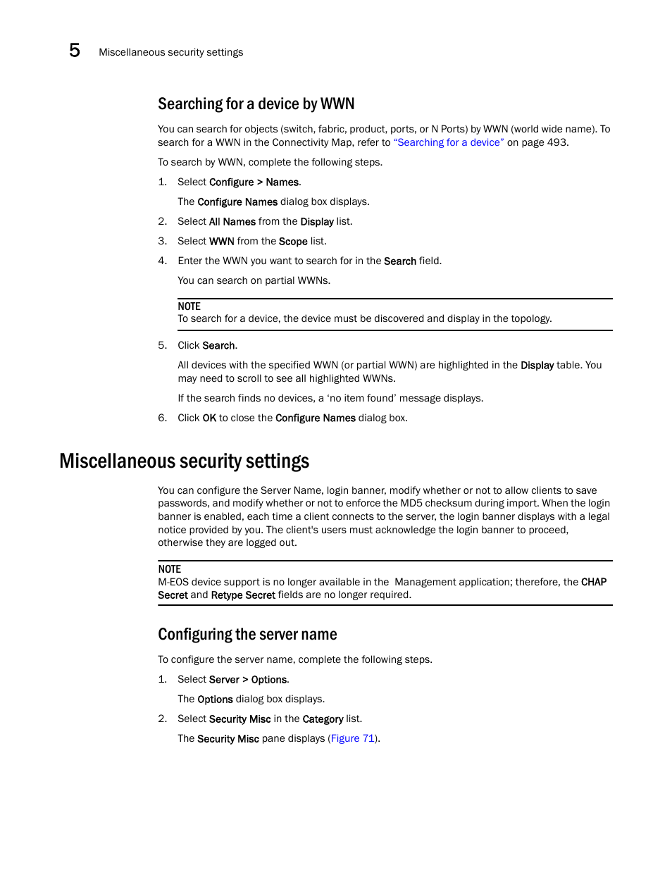 Searching for a device by wwn, Miscellaneous security settings, Configuring the server name | Brocade Network Advisor SAN + IP User Manual v12.3.0 User Manual | Page 256 / 2702