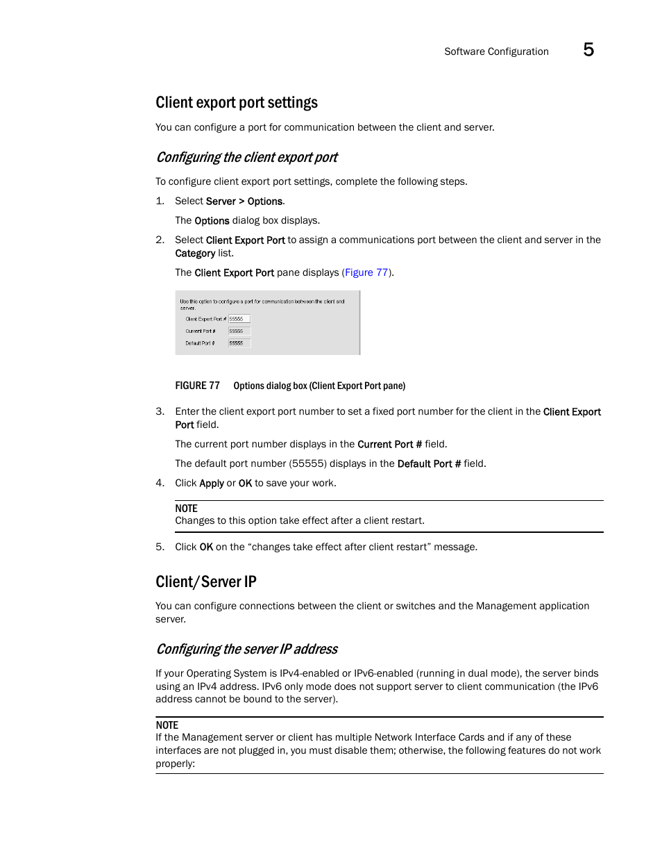 Client export port settings, Client/server ip, Configuring the client export port | Configuring the server ip address | Brocade Network Advisor SAN + IP User Manual v12.3.0 User Manual | Page 269 / 2702