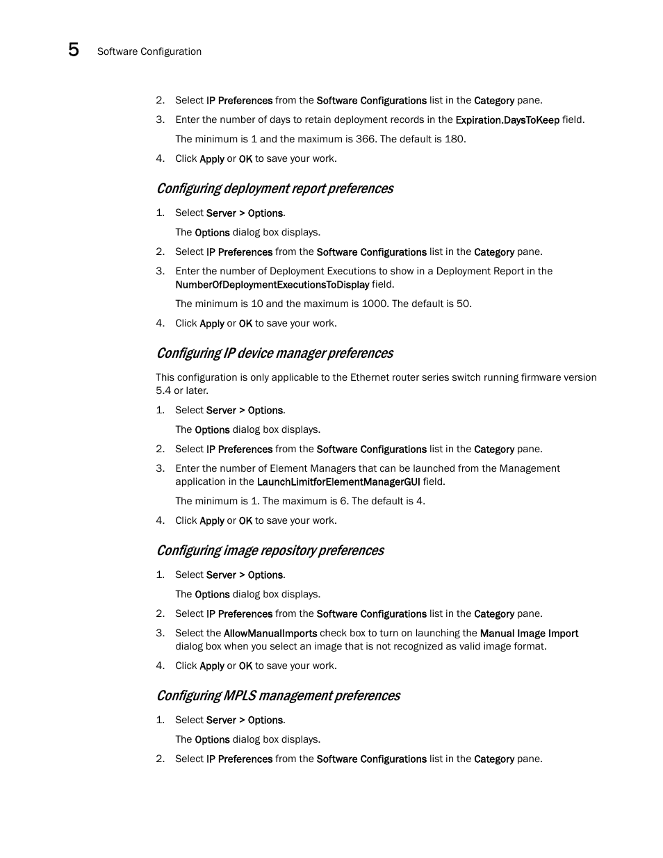 Configuring deployment report preferences, Configuring image repository preferences, Configuring mpls management preferences | Configuring ip device manager preferences | Brocade Network Advisor SAN + IP User Manual v12.3.0 User Manual | Page 276 / 2702
