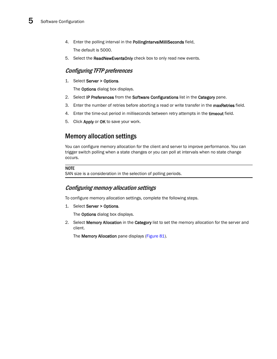 Memory allocation settings, Memory allocation, Settings | Configuring tftp preferences | Brocade Network Advisor SAN + IP User Manual v12.3.0 User Manual | Page 280 / 2702