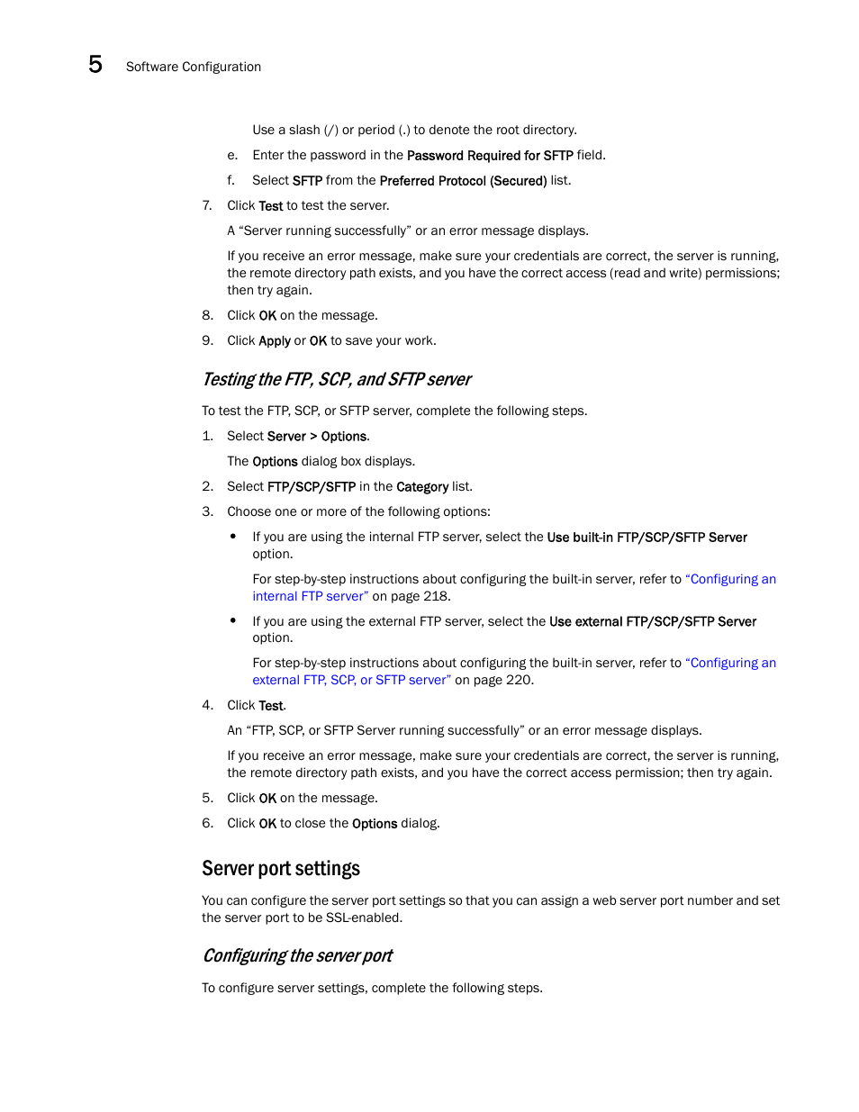 Server port settings, Configuring the server port, Server port | Settings, Testing the ftp, scp, and sftp server | Brocade Network Advisor SAN + IP User Manual v12.3.0 User Manual | Page 292 / 2702