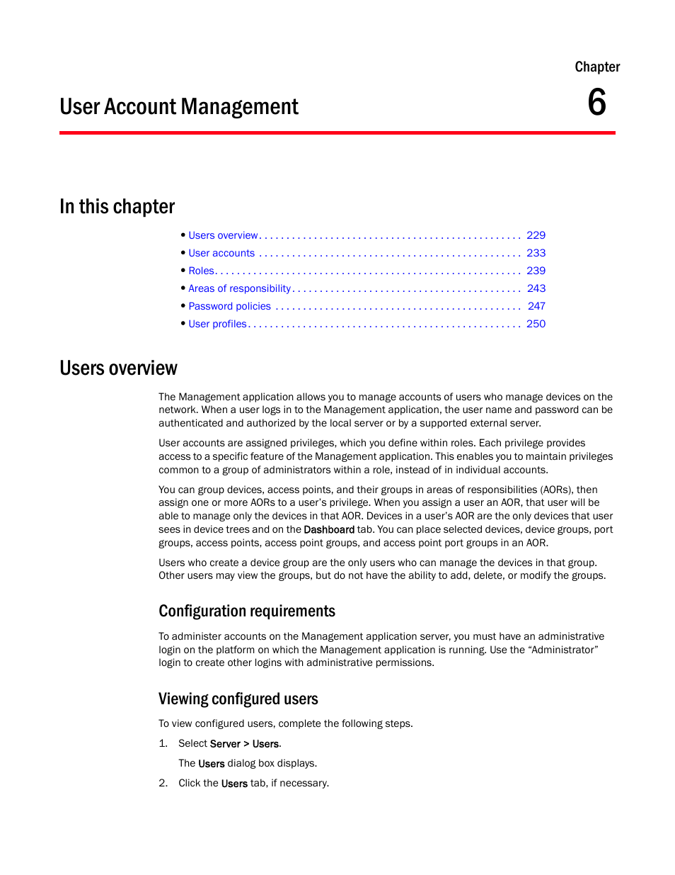 User account management, Users overview, Viewing configured users | Chapter 6, Chapter 6, “user account management, Configuration requirements | Brocade Network Advisor SAN + IP User Manual v12.3.0 User Manual | Page 301 / 2702