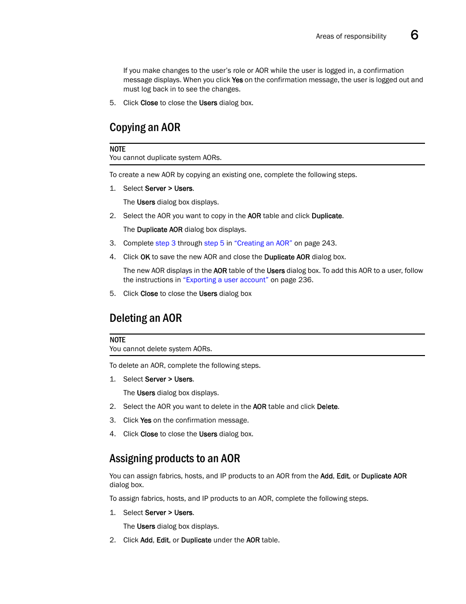 Copying an aor, Deleting an aor, Assigning products to an aor | Brocade Network Advisor SAN + IP User Manual v12.3.0 User Manual | Page 317 / 2702