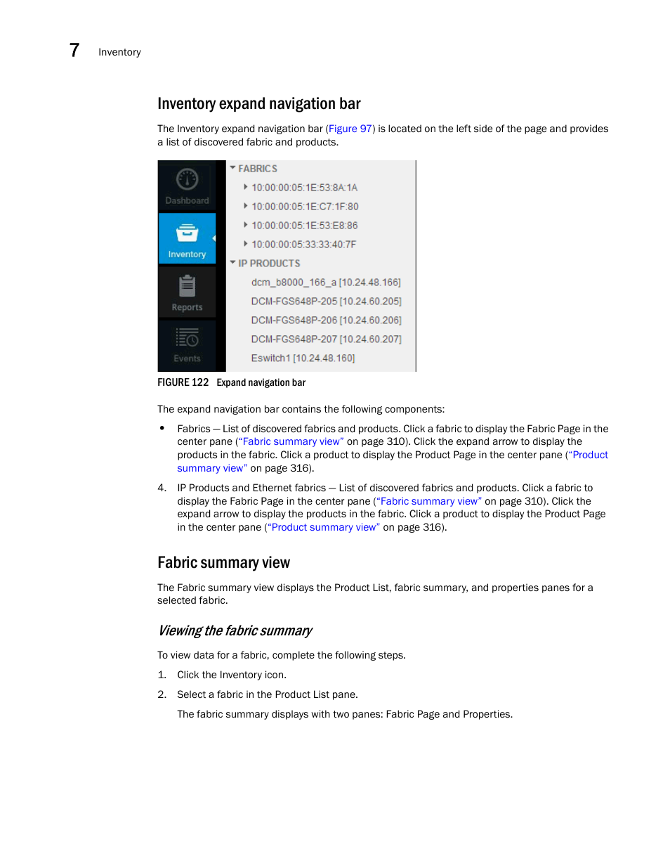 Inventory expand navigation bar, Fabric summary view, Viewing the fabric summary | Brocade Network Advisor SAN + IP User Manual v12.3.0 User Manual | Page 382 / 2702