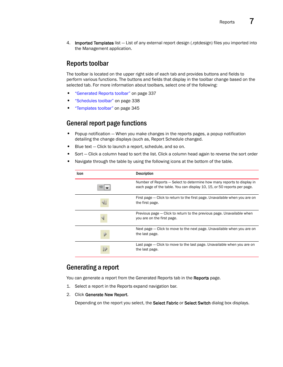 Reports toolbar, Generating a report, General report page functions | Brocade Network Advisor SAN + IP User Manual v12.3.0 User Manual | Page 407 / 2702