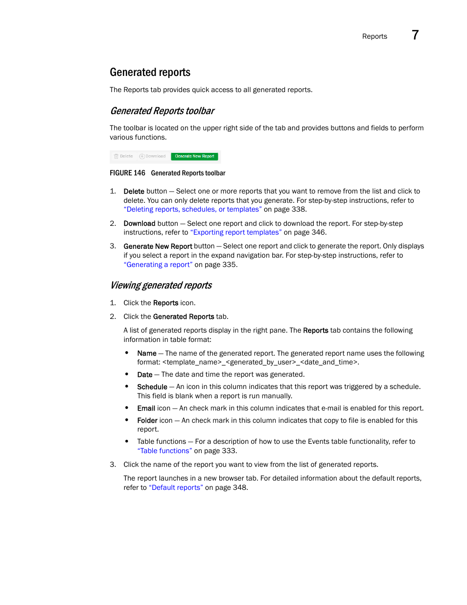Generated reports, Generated reports toolbar, Viewing generated reports | Brocade Network Advisor SAN + IP User Manual v12.3.0 User Manual | Page 409 / 2702