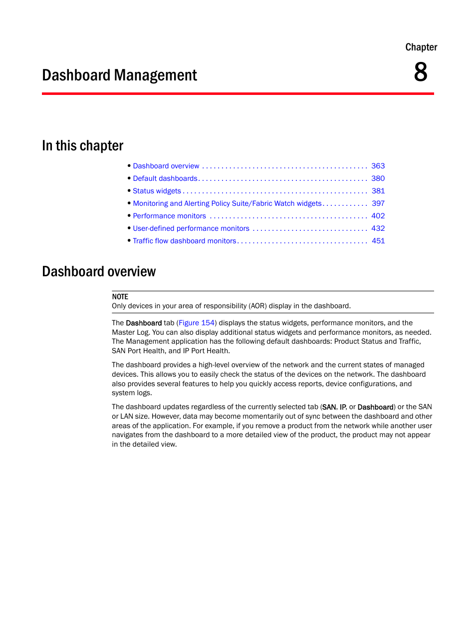 Dashboard management, Dashboard overview, Chapter 8 | Chapter 8, “dashboard management | Brocade Network Advisor SAN + IP User Manual v12.3.0 User Manual | Page 435 / 2702