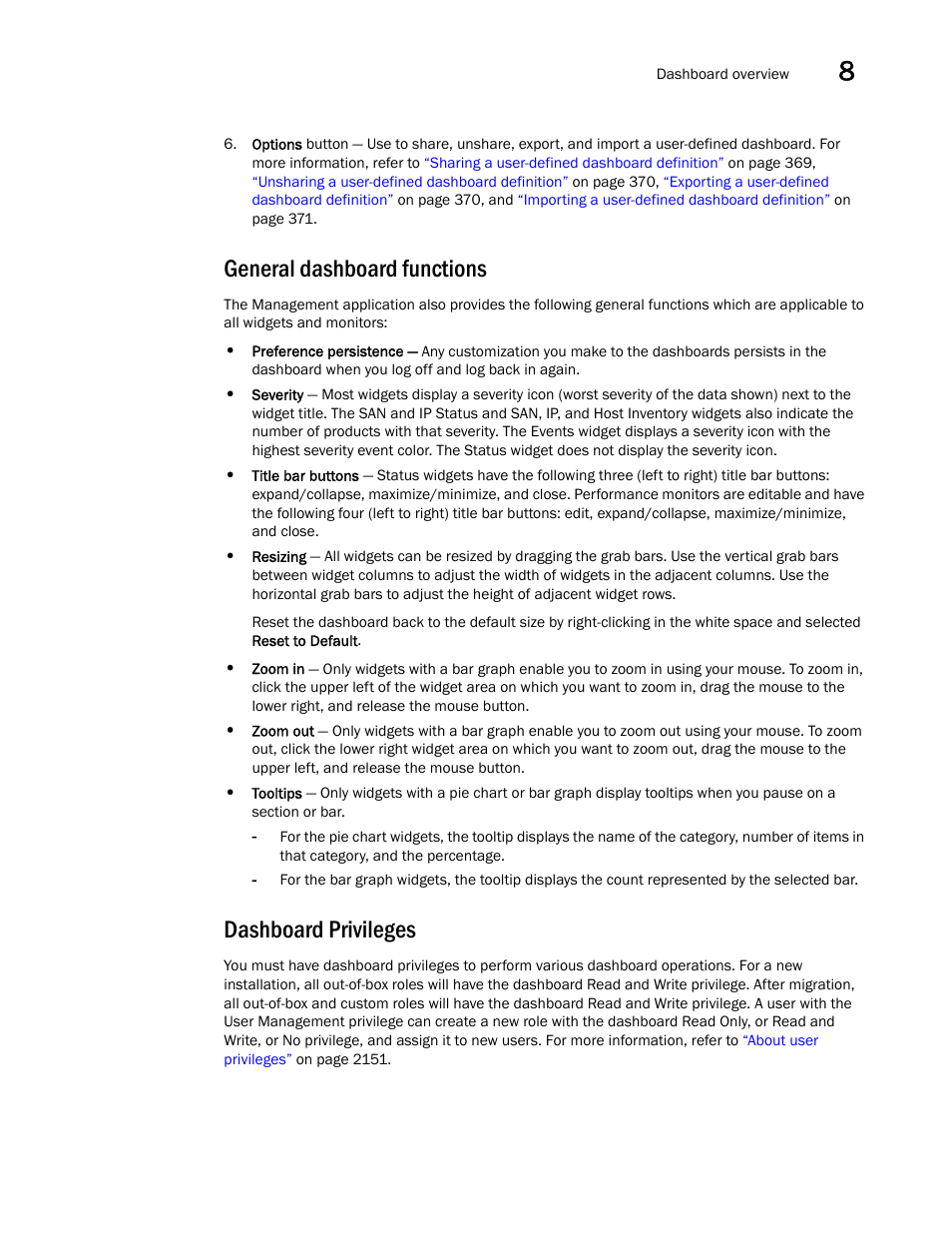 General dashboard functions, Dashboard privileges | Brocade Network Advisor SAN + IP User Manual v12.3.0 User Manual | Page 439 / 2702