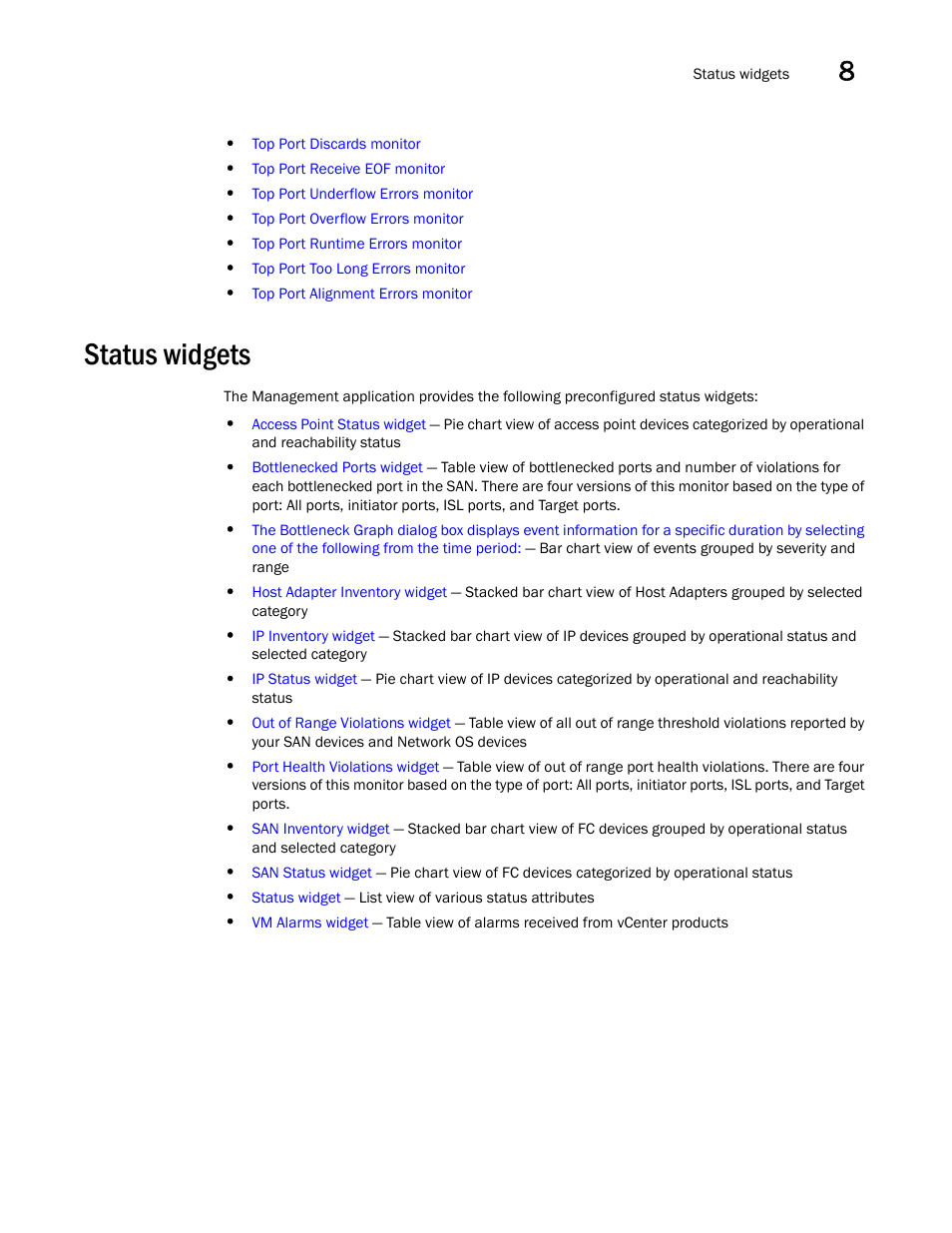 Status widgets, Status, Widgets | Brocade Network Advisor SAN + IP User Manual v12.3.0 User Manual | Page 453 / 2702