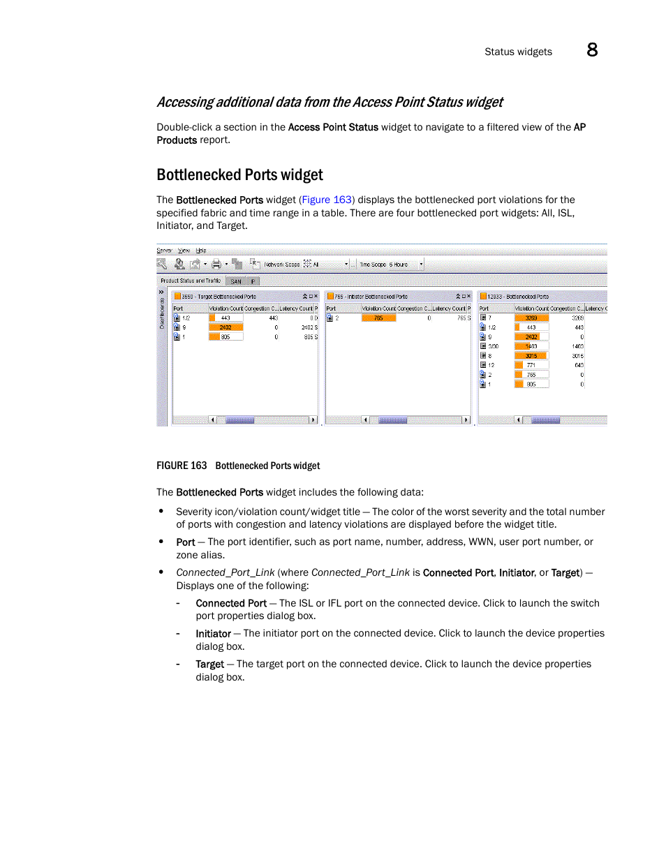 Bottlenecked ports widget | Brocade Network Advisor SAN + IP User Manual v12.3.0 User Manual | Page 455 / 2702