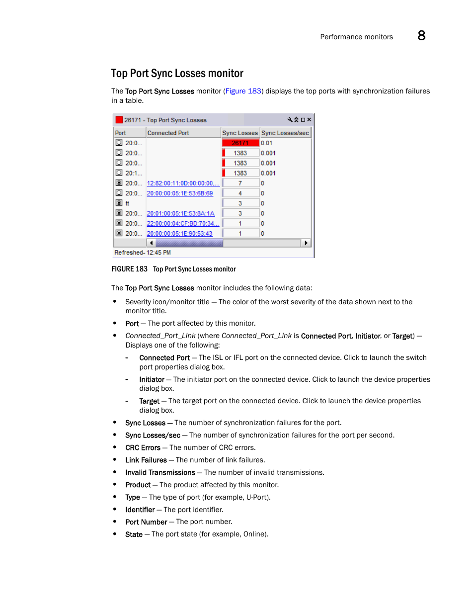 Top port sync losses monitor | Brocade Network Advisor SAN + IP User Manual v12.3.0 User Manual | Page 491 / 2702