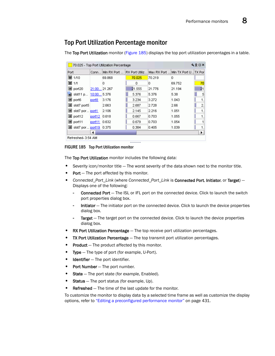 Top port utilization percentage monitor | Brocade Network Advisor SAN + IP User Manual v12.3.0 User Manual | Page 495 / 2702