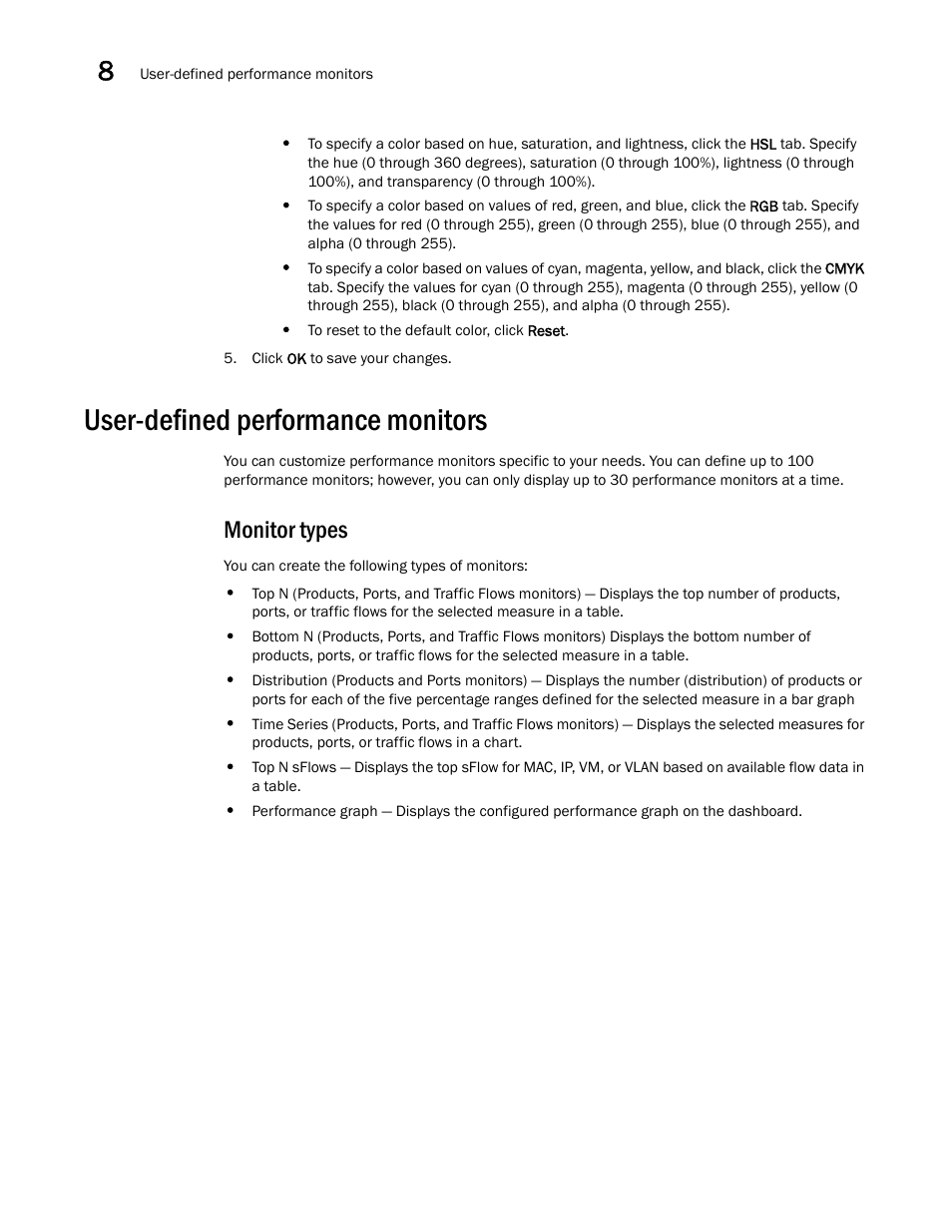 User-defined performance monitors, Monitor types | Brocade Network Advisor SAN + IP User Manual v12.3.0 User Manual | Page 504 / 2702