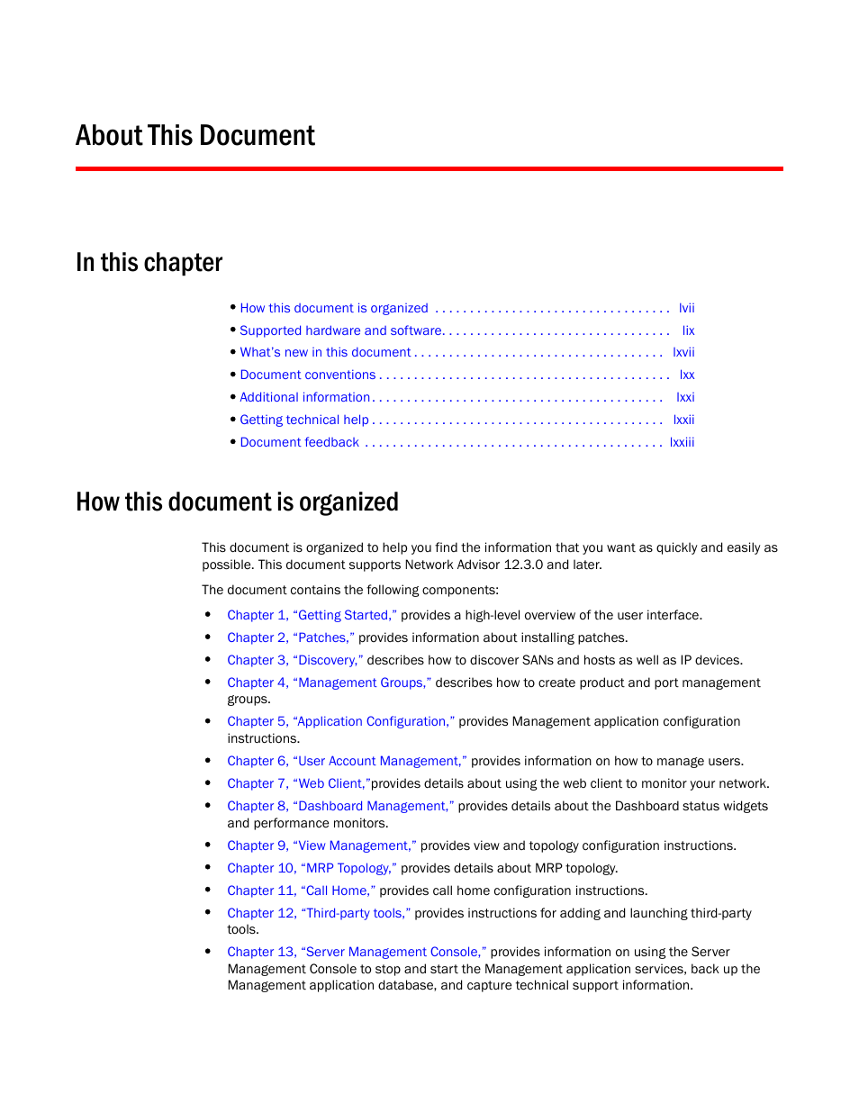 About this document, How this document is organized | Brocade Network Advisor SAN + IP User Manual v12.3.0 User Manual | Page 53 / 2702