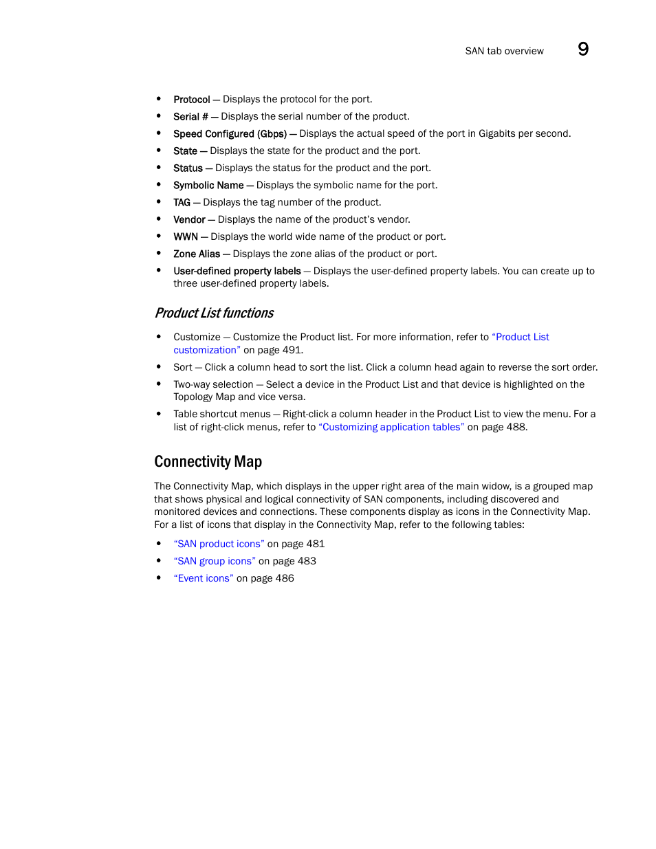 Connectivity map, Product list functions | Brocade Network Advisor SAN + IP User Manual v12.3.0 User Manual | Page 539 / 2702