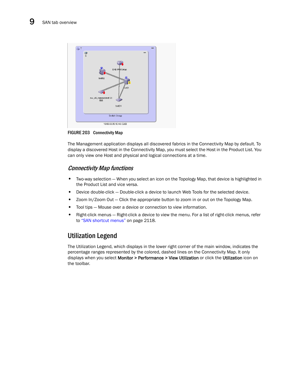 Utilization legend, Connectivity map functions | Brocade Network Advisor SAN + IP User Manual v12.3.0 User Manual | Page 540 / 2702