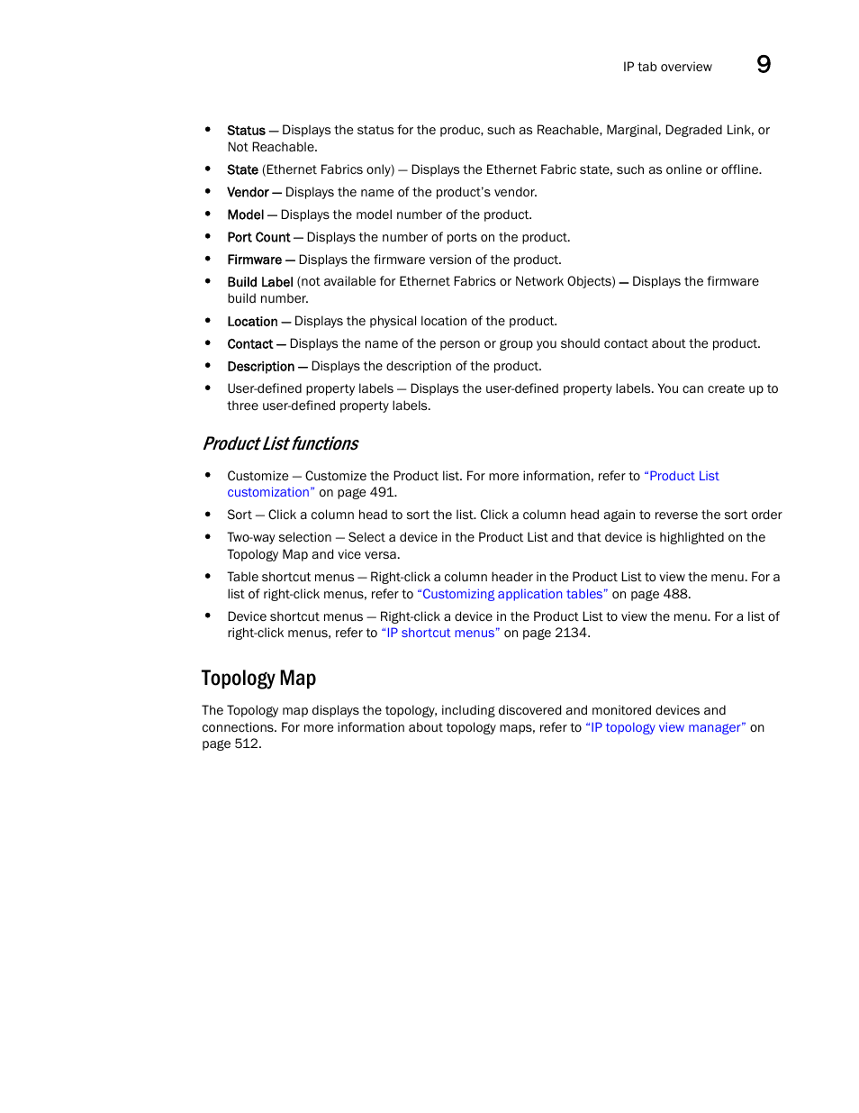 Topology map, Product list functions | Brocade Network Advisor SAN + IP User Manual v12.3.0 User Manual | Page 547 / 2702