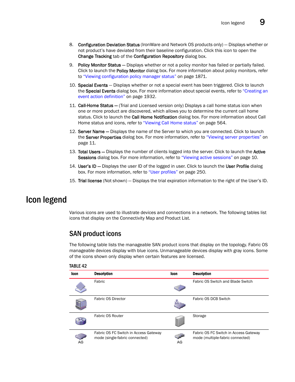 Icon legend, San product icons | Brocade Network Advisor SAN + IP User Manual v12.3.0 User Manual | Page 553 / 2702