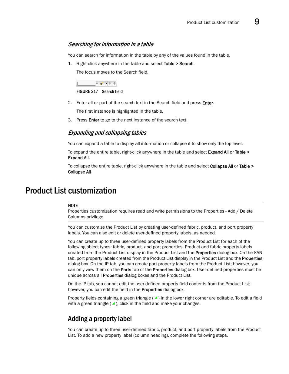 Product list customization, Product list, Customization | Adding a property label, Searching for information in a table, Expanding and collapsing tables | Brocade Network Advisor SAN + IP User Manual v12.3.0 User Manual | Page 563 / 2702