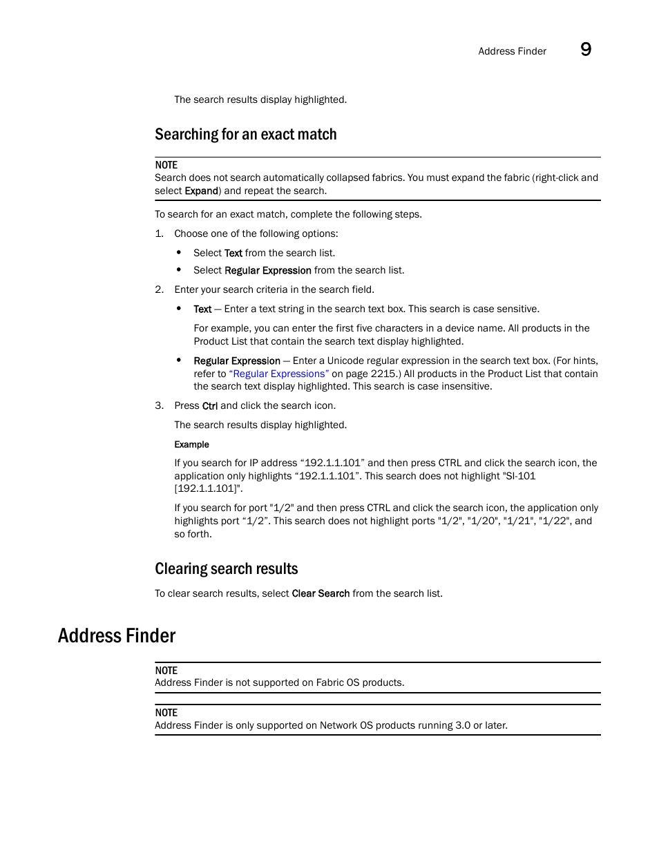 Searching for an exact match, Address finder, Clearing search results | Brocade Network Advisor SAN + IP User Manual v12.3.0 User Manual | Page 567 / 2702