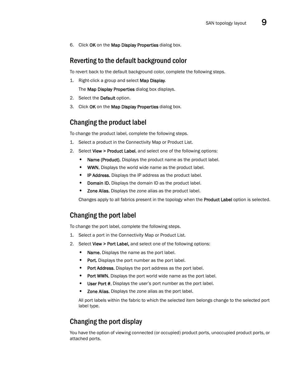 Reverting to the default background color, Changing the product label, Changing the port label | Changing the port display | Brocade Network Advisor SAN + IP User Manual v12.3.0 User Manual | Page 581 / 2702