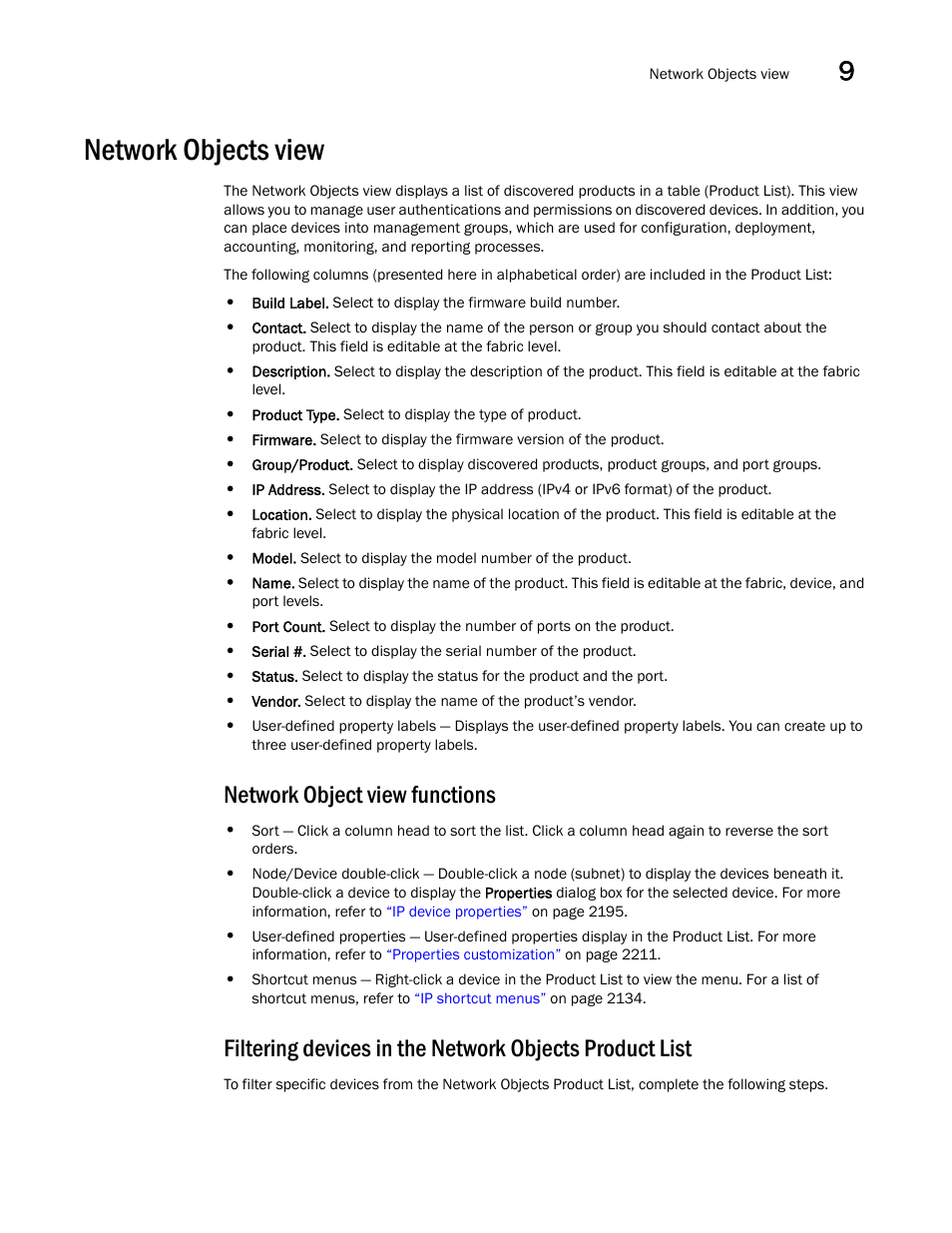 Network objects view, Filtering devices in the network objects, Product list | Network object view functions | Brocade Network Advisor SAN + IP User Manual v12.3.0 User Manual | Page 585 / 2702