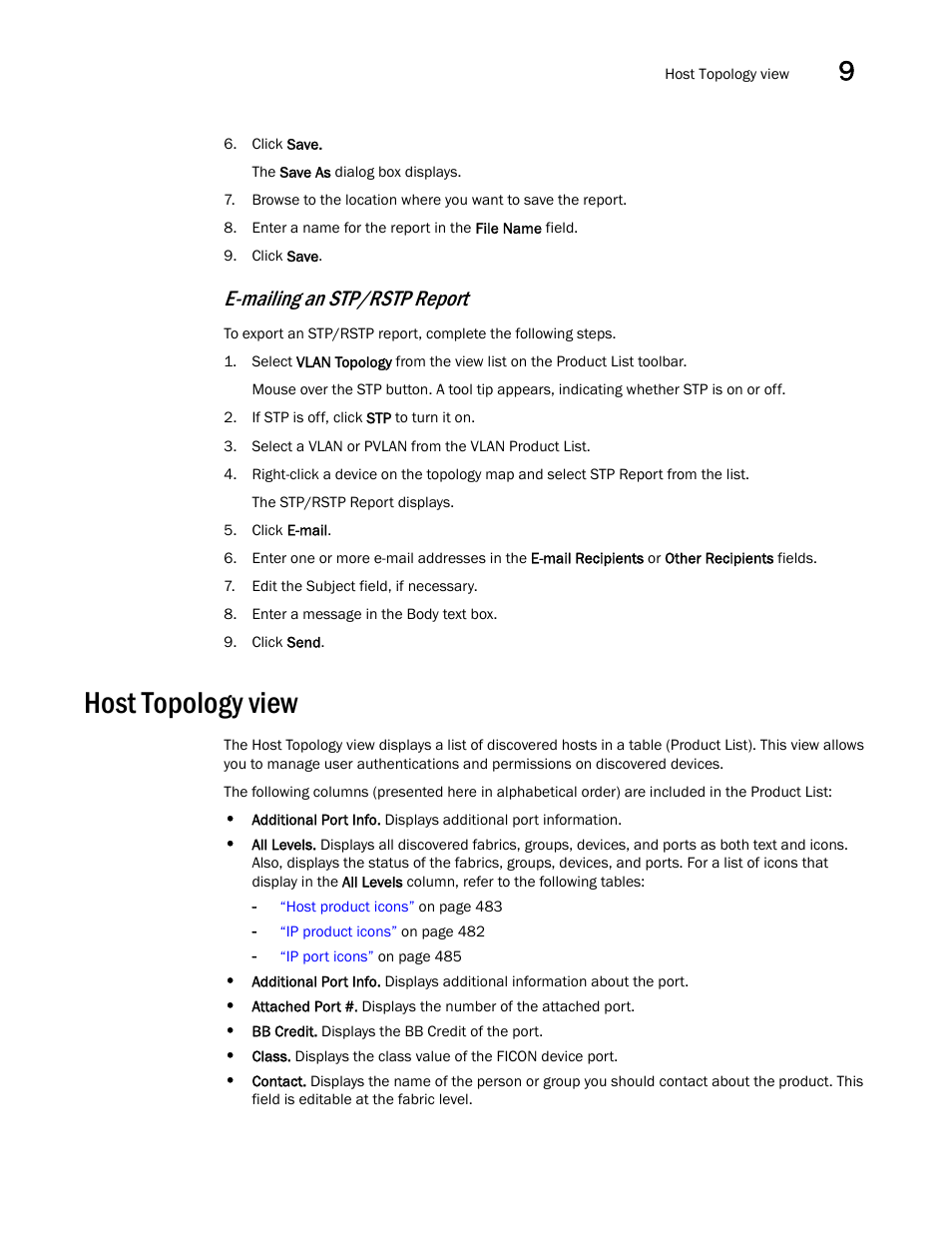 Host topology view, E-mailing an stp/rstp report | Brocade Network Advisor SAN + IP User Manual v12.3.0 User Manual | Page 591 / 2702