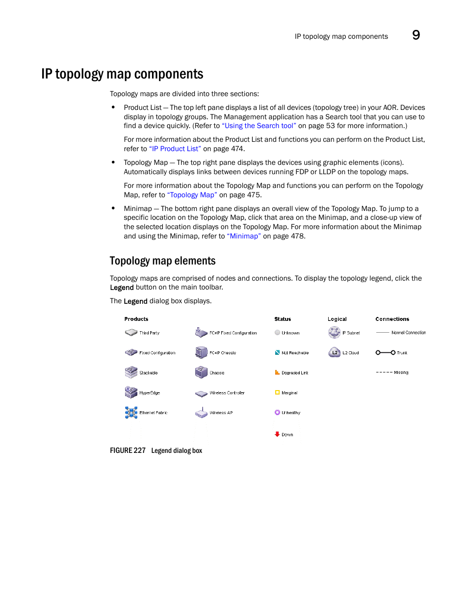 Ip topology map components, Topology map elements, Topology map | Elements | Brocade Network Advisor SAN + IP User Manual v12.3.0 User Manual | Page 593 / 2702