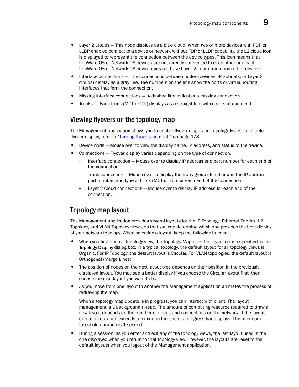 Viewing flyovers on the topology map, Topology map layout | Brocade Network Advisor SAN + IP User Manual v12.3.0 User Manual | Page 595 / 2702
