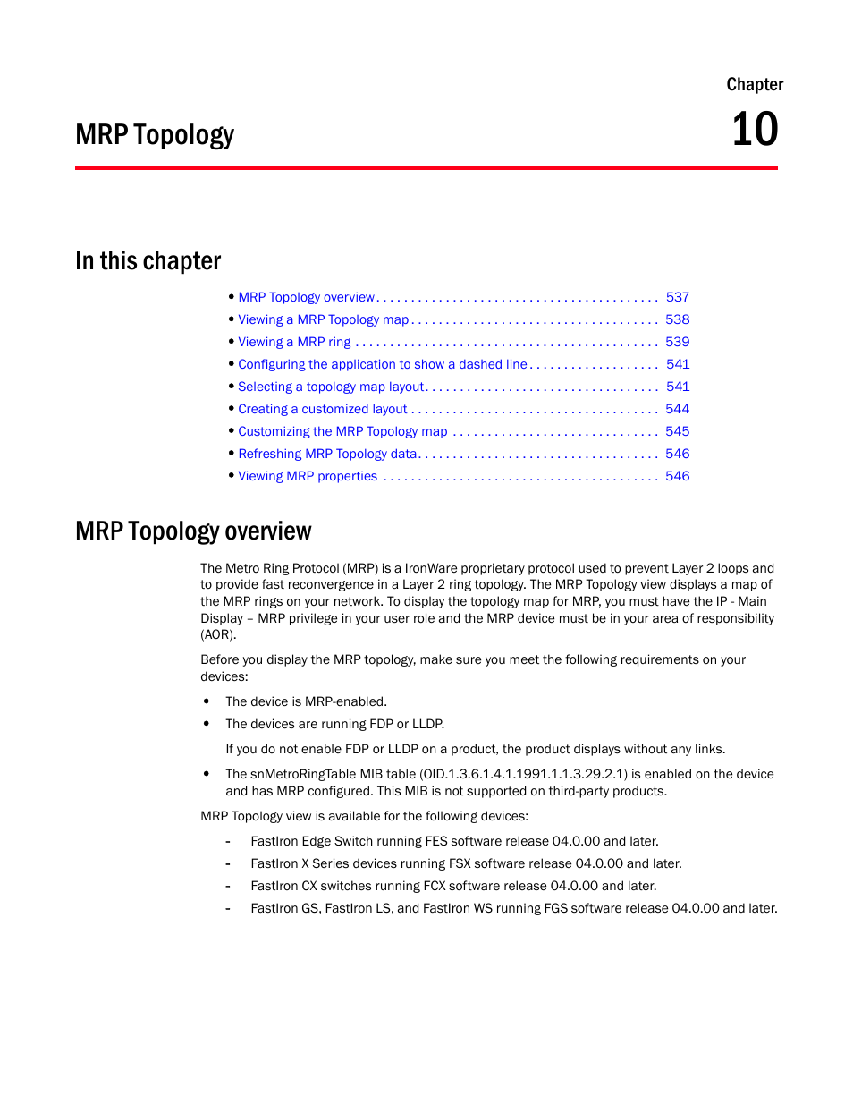 Mrp topology, Mrp topology overview, Chapter 10 | Chapter 10, “mrp topology | Brocade Network Advisor SAN + IP User Manual v12.3.0 User Manual | Page 609 / 2702