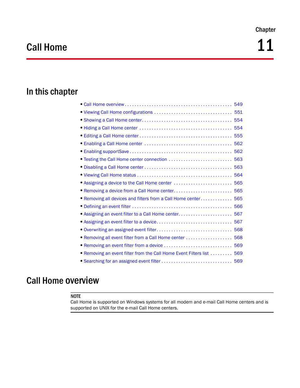 Call home, Call home overview, Chapter 11 | Chapter 11, “call home, Overview | Brocade Network Advisor SAN + IP User Manual v12.3.0 User Manual | Page 621 / 2702