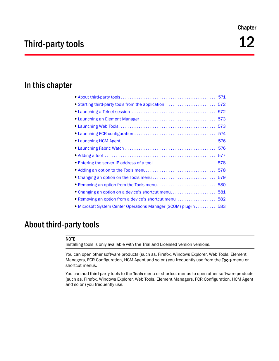 Third-party tools, About third-party tools, Chapter 12 | Chapter 12, “third-party tools | Brocade Network Advisor SAN + IP User Manual v12.3.0 User Manual | Page 643 / 2702