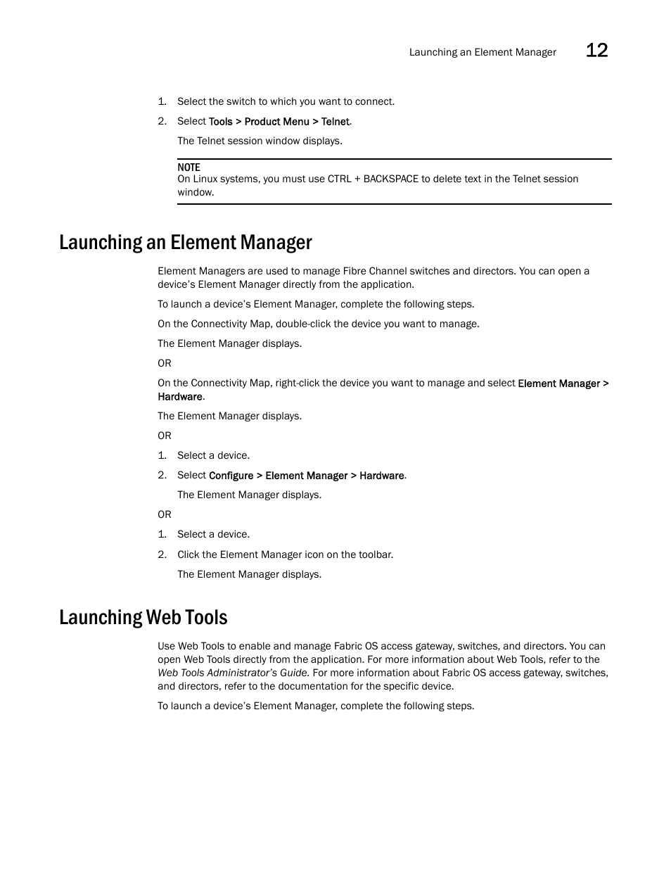 Launching an element manager, Launching web tools | Brocade Network Advisor SAN + IP User Manual v12.3.0 User Manual | Page 645 / 2702