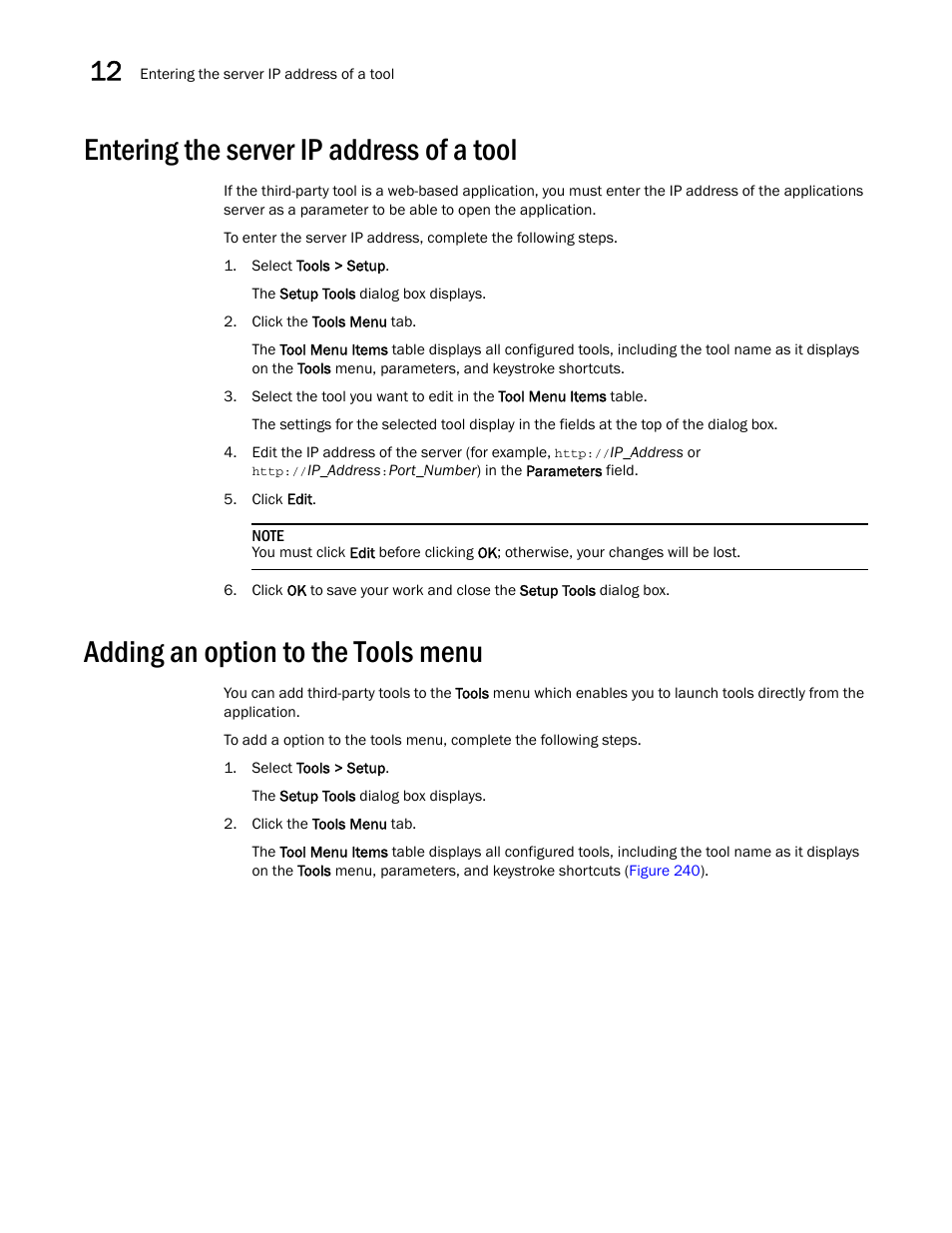 Entering the server ip address of a tool, Adding an option to the tools menu | Brocade Network Advisor SAN + IP User Manual v12.3.0 User Manual | Page 650 / 2702