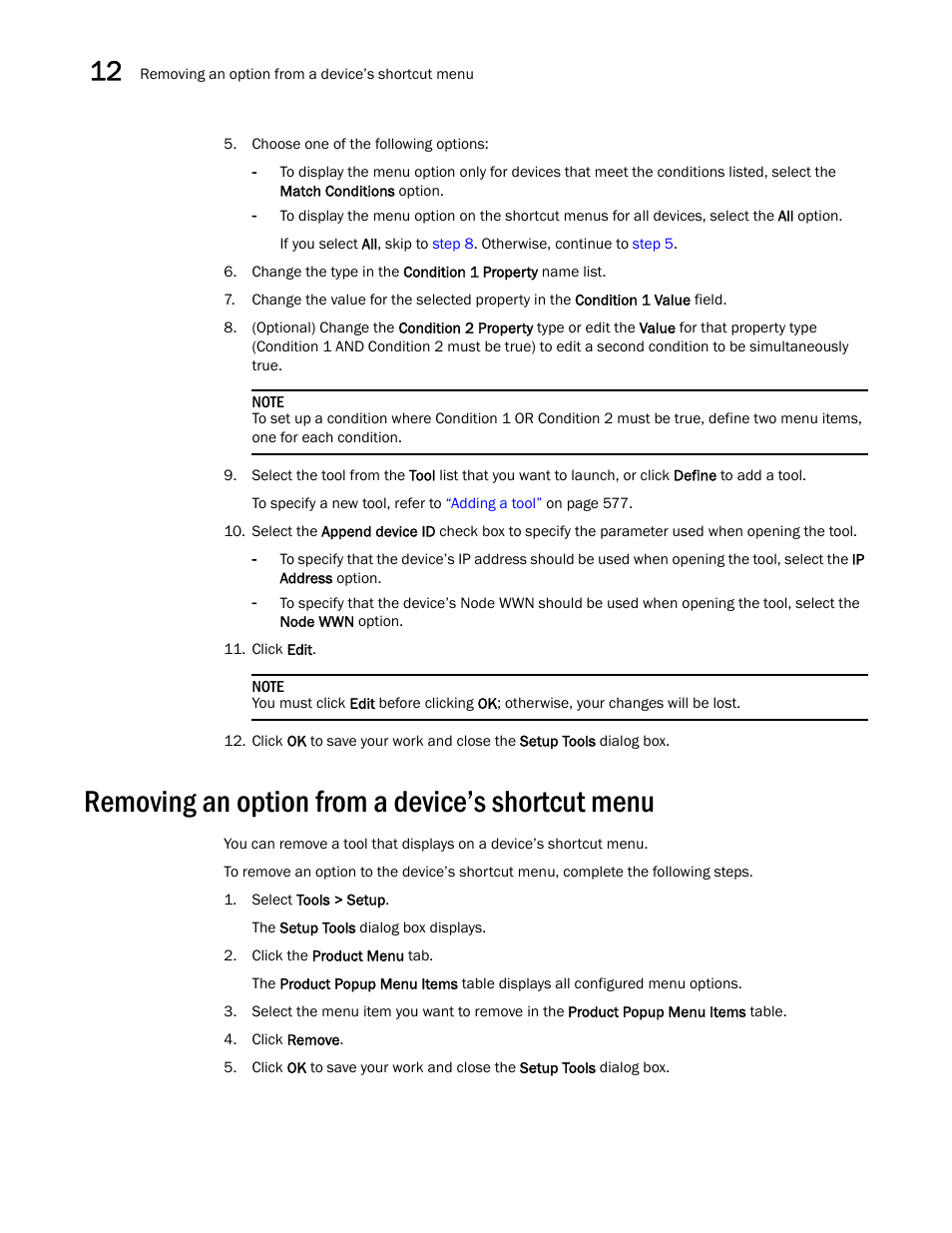 Removing an option from a device’s shortcut menu | Brocade Network Advisor SAN + IP User Manual v12.3.0 User Manual | Page 654 / 2702