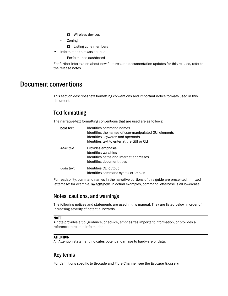 Document conventions, Text formatting, Notes, cautions, and warnings | Key terms | Brocade Network Advisor SAN + IP User Manual v12.3.0 User Manual | Page 66 / 2702