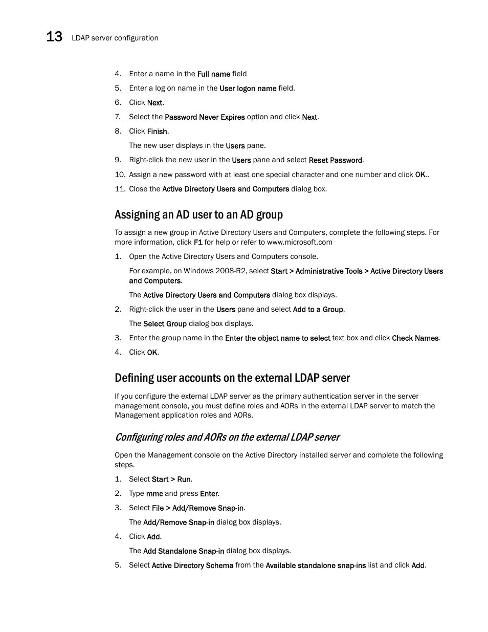 Assigning an ad user to an ad group, Defining user accounts on the external ldap server | Brocade Network Advisor SAN + IP User Manual v12.3.0 User Manual | Page 678 / 2702