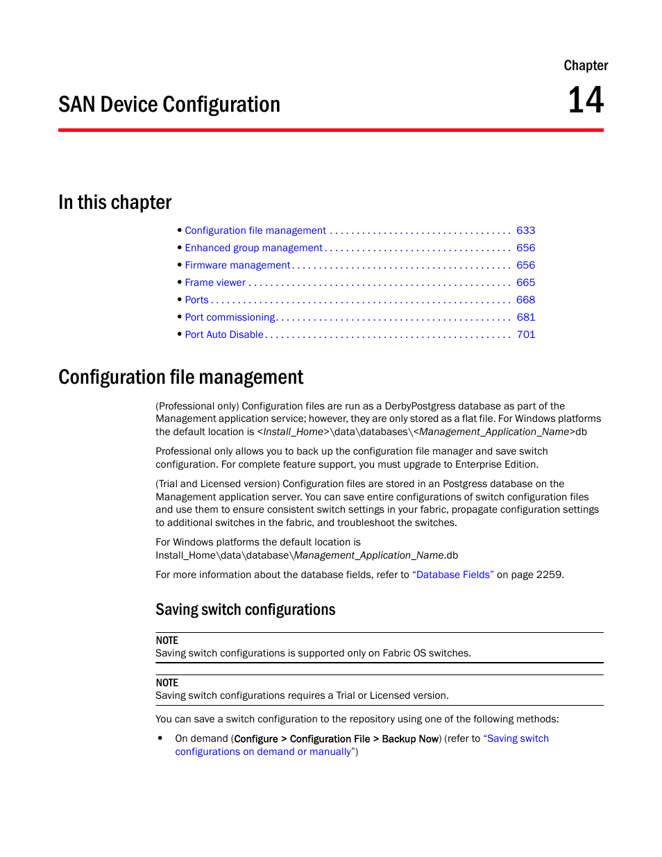 San device configuration, Configuration file management, Saving switch configurations | Chapter 14, Chapter 14, “san device configuration | Brocade Network Advisor SAN + IP User Manual v12.3.0 User Manual | Page 705 / 2702